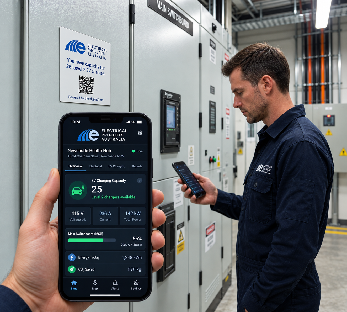 EPA engineer using a mobile Digital Twin interface beside an EI-labelled main switchboard