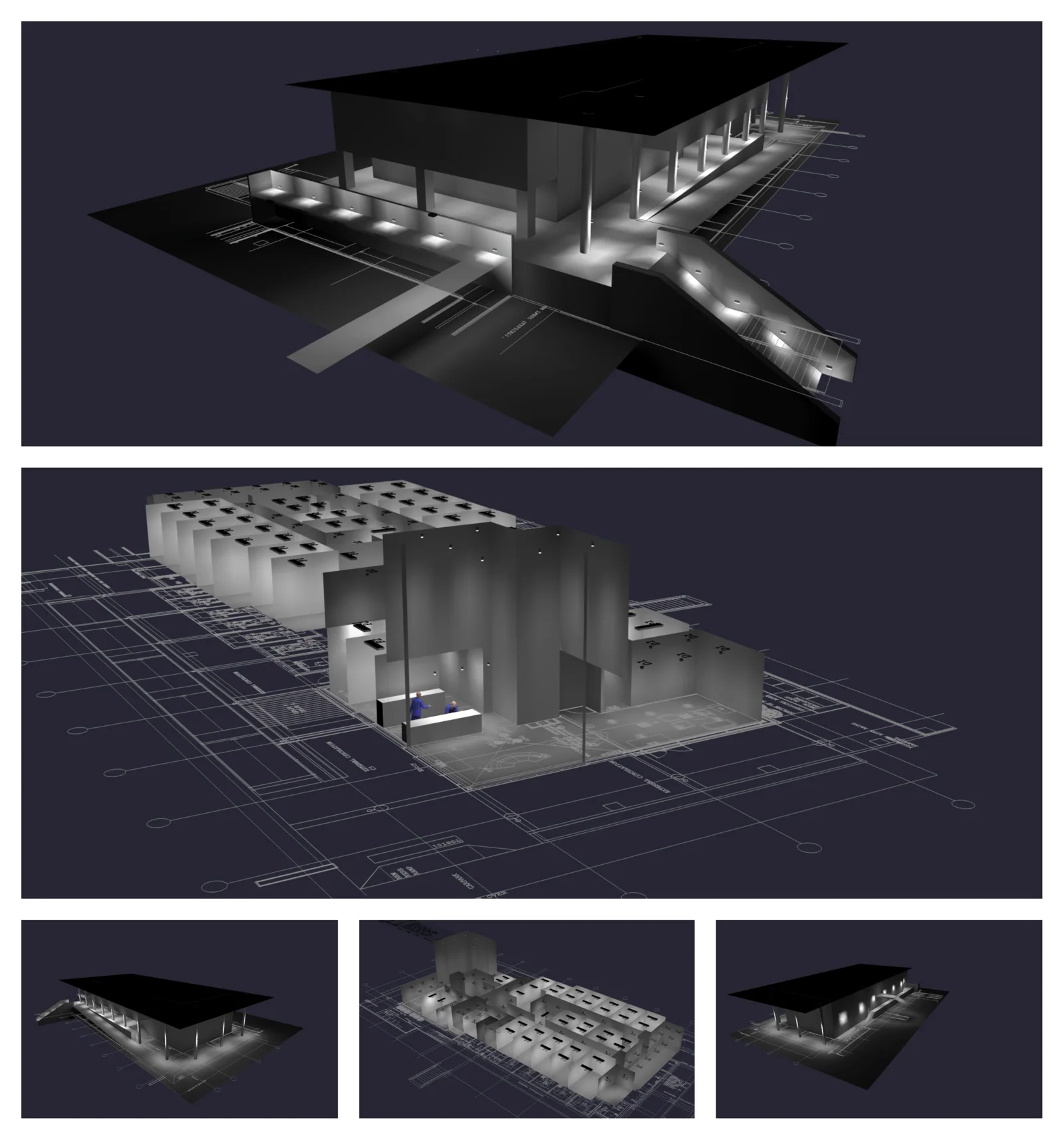 AGi32 lighting design simulations showing exterior, interior and plan views
